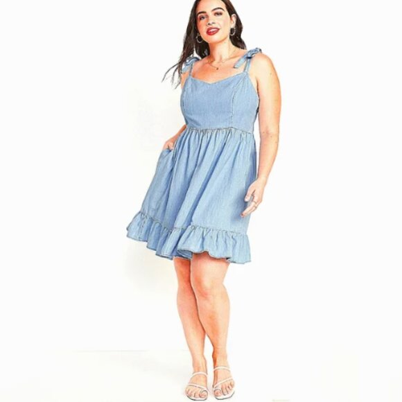 Blue Chambray Dress Old Navy Fit and Flare Cami Ruffle Tie Shoulder Size Small - Picture 1 of 11